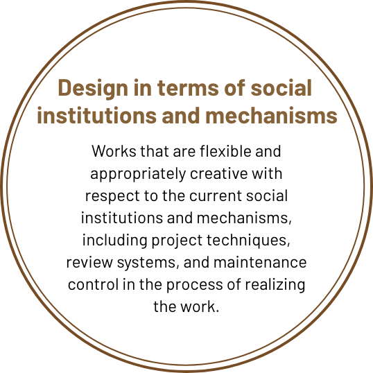 Design of social systems and mechanisms Works that are flexible and appropriately creative with respect to the current social systems and mechanisms, including project methods, review systems, and maintenance management in the process of realizing the work.